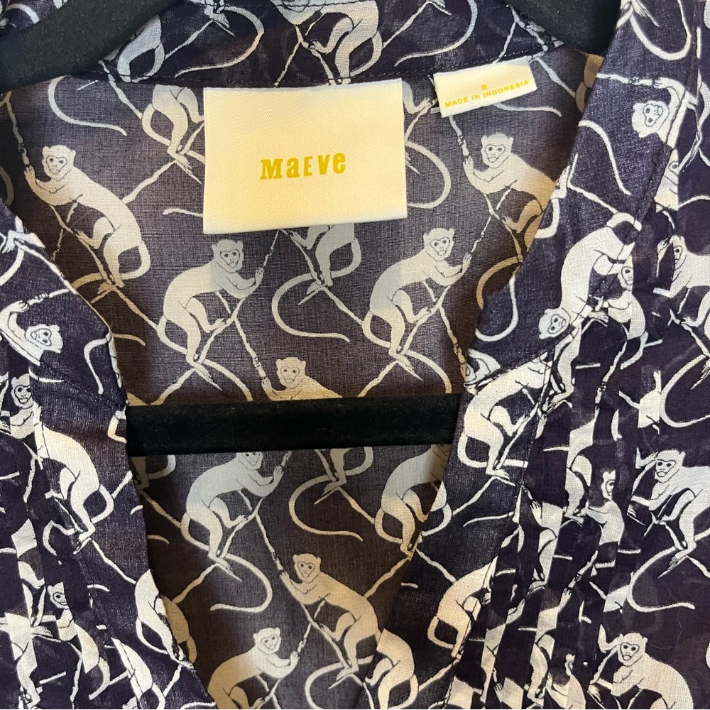 Anthropologie Maeve Popover Monkey Print Blouse Eggplant Purple & Beige 2 Womens